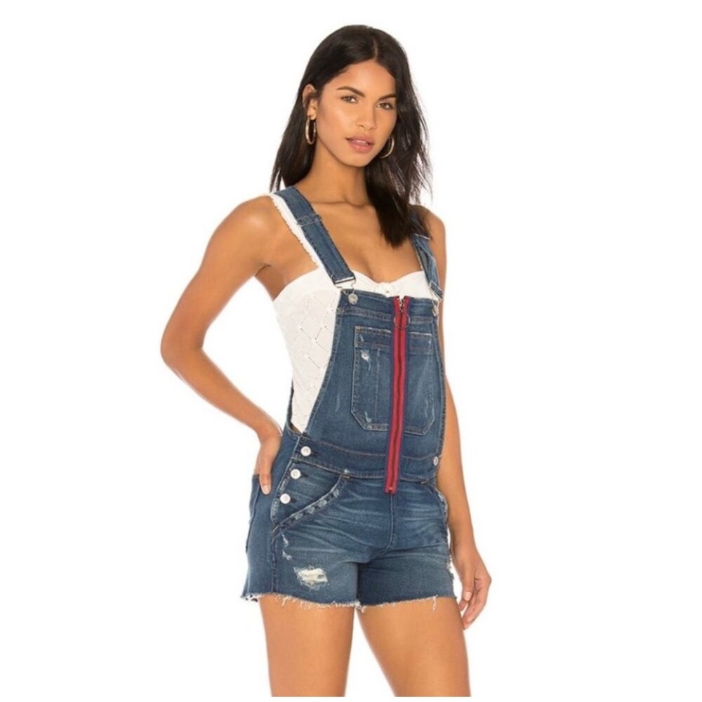 Hudson Joey Exposed Zip Shortall XS red zipper women’s denim overall shorts